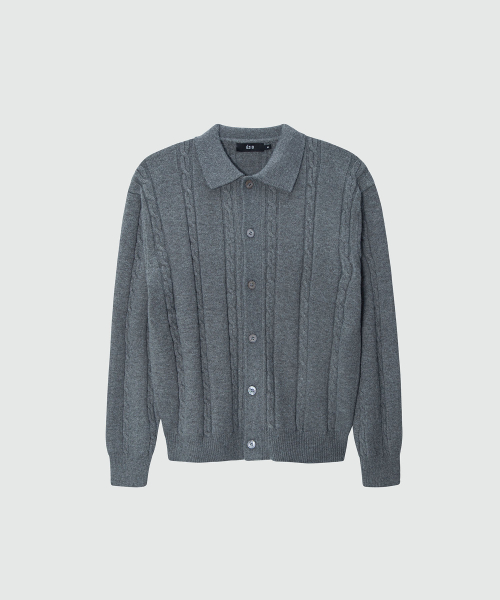 Cable button-up Collar Cardigan_Charcoal