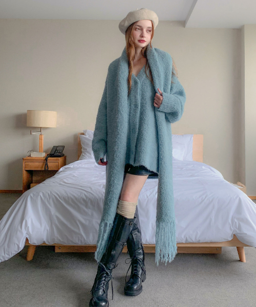 [SET] Glass Boucle V-neck Wool Cardigan+Muffler