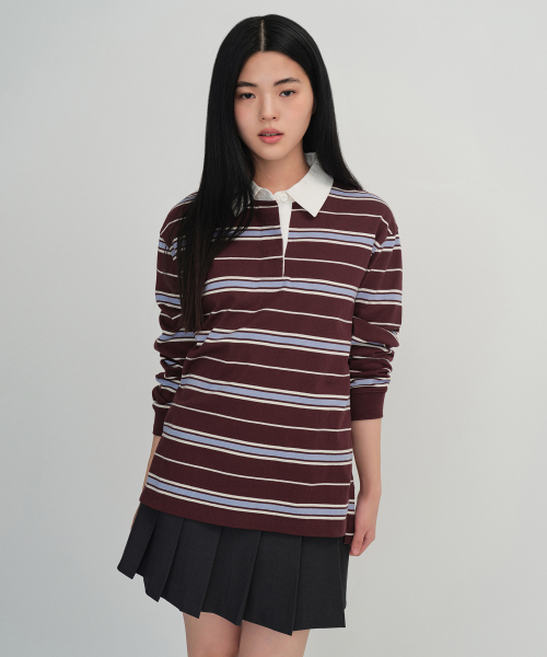 무신사 스탠다드 우먼() 우먼즈 릴렉스드 멀티 스트라이프 럭비 셔츠 [버건디] 상품 이미지