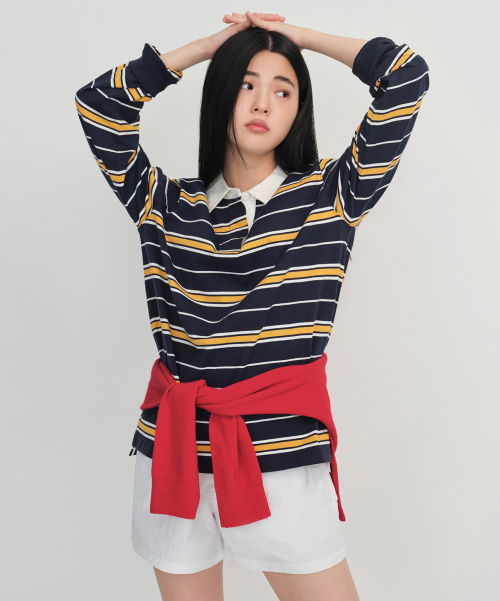 무신사 스탠다드 우먼() 우먼즈 릴렉스드 멀티 스트라이프 럭비 셔츠 [네이비] 상품 이미지