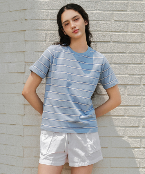 WOMENS MULTI STRIPE CREW NECK T-SHIRT 1 [CLOUDY BLUE]
