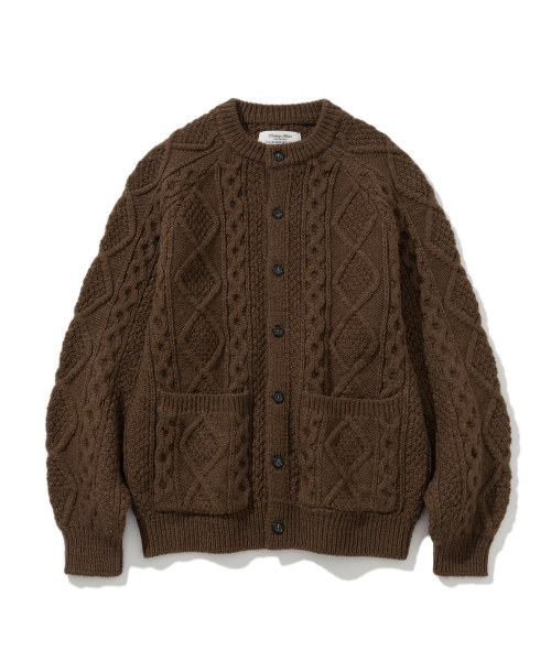 cable round neck knit cardigan brown