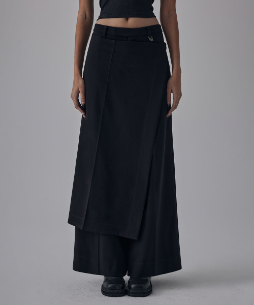 Side Buckle Wrap Skirt Pants [ Black ]