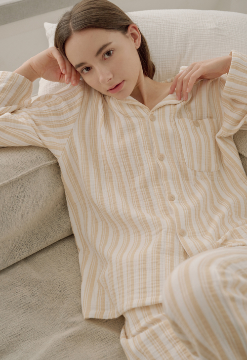 Stripe Pattern Basic Pajama Set (yellow)