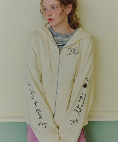 RONRON DOODLE LETTERING HOODIE ZIP UP CREAM