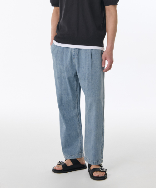 LINEN LIKE LOOSE TAPERED BANDING DENIM PANTS [LIGHT INDIGO]