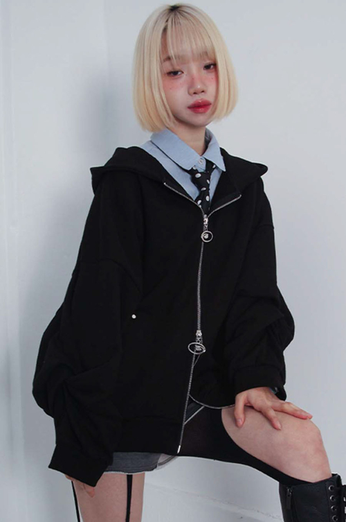 2way logo twist stud hood zipup_black