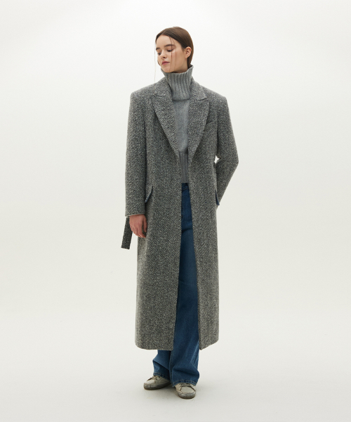 Tweed open-type minimal wool coat