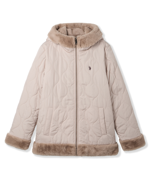 Женский двусторонний стеганый бомбер с мехом boa_Deep Beige