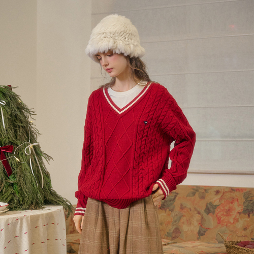 SR_V-neck cable красный трикотаж sweater