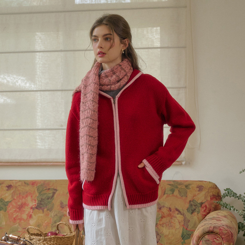 SR_Two-way zip-up hooded cardigan_RED