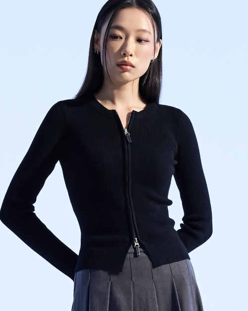 Dual Zip Ribbed трикотаж Top (BLACK)