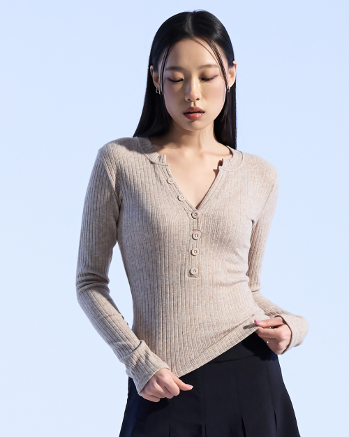Henley Rib Трикотаж Top (BEIGE)