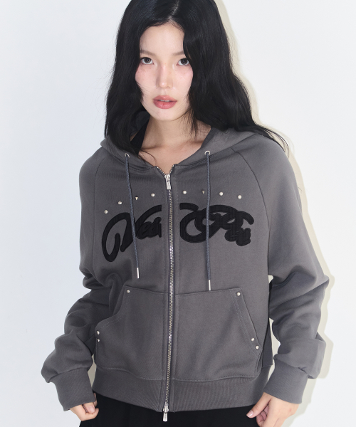 Check Applique Hoodie Zip-Up Charcoal