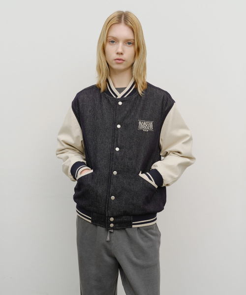 CLASSIC LOGO EMBROIDERY DENIM VARSITY JACKET navy