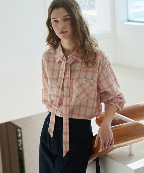 드로우핏 우먼() 플로우 타탄 체크 타이 셔츠 [PINK] 상품 이미지