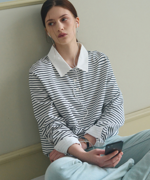 드로우핏 우먼() 스트라이프 카라 스트링 티셔츠 [WHITE] 상품 이미지