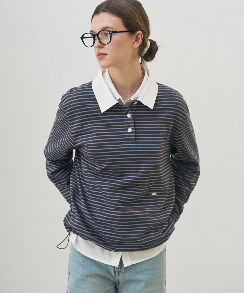 드로우핏 우먼() 스트라이프 카라 스트링 티셔츠 [GREY] 상품 이미지