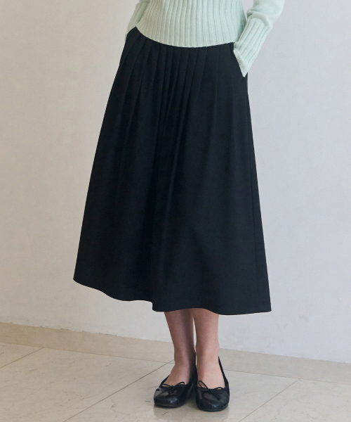 드로우핏 우먼() 플리츠 롱 플레어 스커트 [BLACK] 상품 이미지