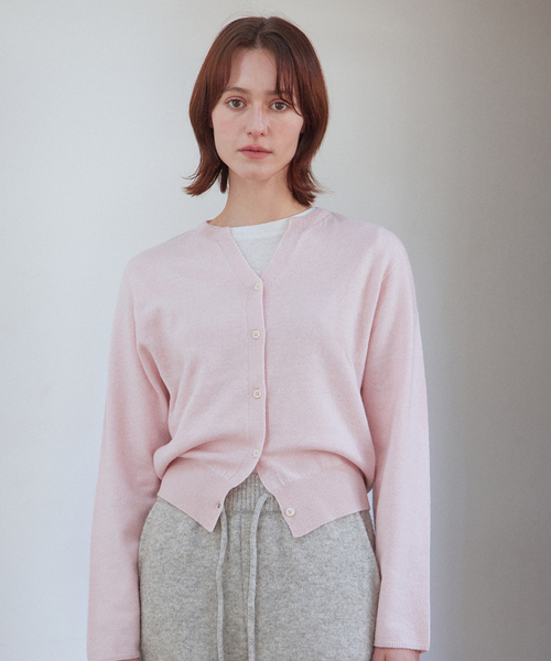 Cashmere whole garment round cardigan_BABY PINK