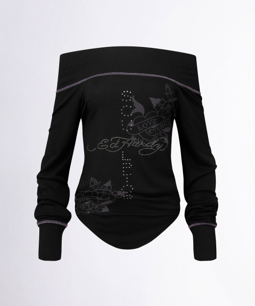sculptor × Ed hardy トップス オフショル 黒 シズニルック Sculptor X Ed Hardy] Raglan Off-Shoulder Tee（Tシャツ