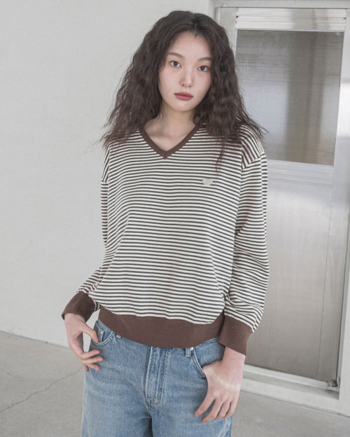 ROSE STRIPE V-NECK KNIT(BROWN)