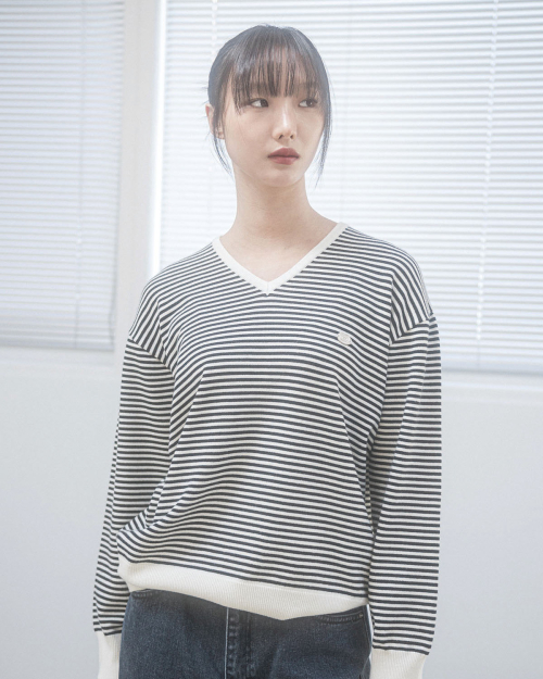 ROSE STRIPE V-NECK KNIT(IVORY)