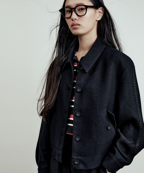 (W) Tweedy button blue jacket navy