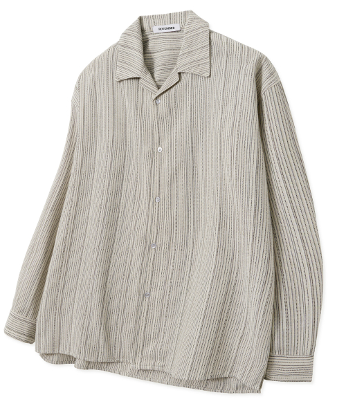 LINEN OPEN COLLAR PENCIL STRIPE SHIRT [OATMEAL]