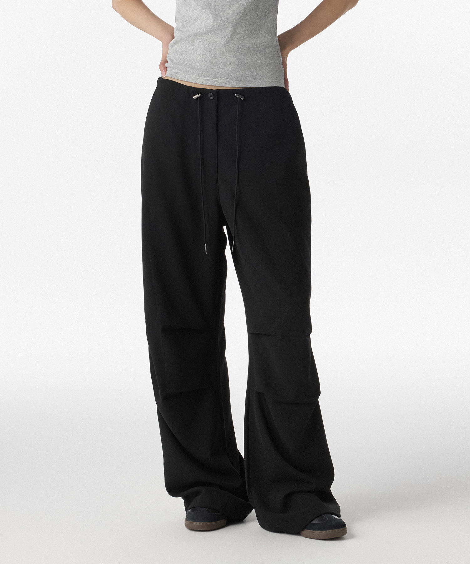 WOMENS LINEN LIKE PARACHUTE PANTS [BLACK]
