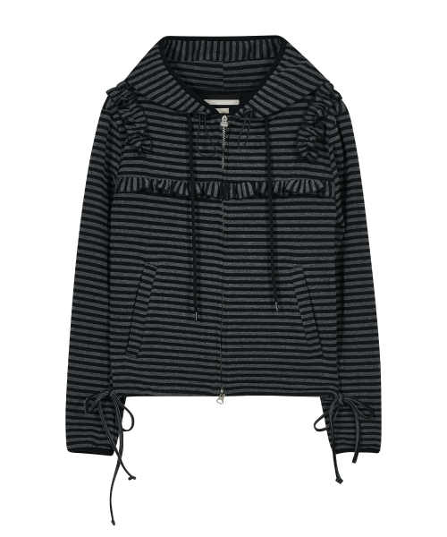 Ruffled полоса Zip Hoodie [черный]