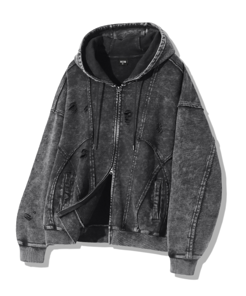 MUSINSA | TRILLION Oversized Distressed Pigment Hoodie Zip-Up [Red]