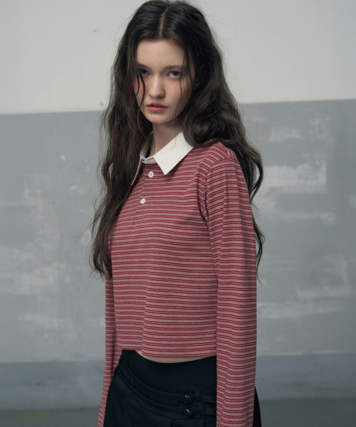 Укороченное поло в полоску [CHERRY RED]