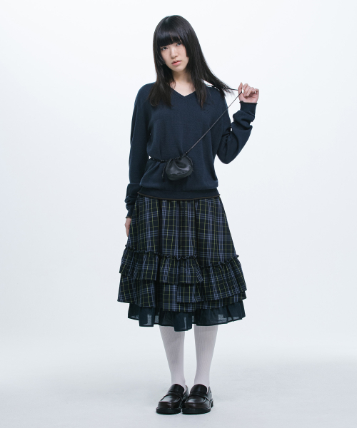 韓国商品/OHESHIO CHECK FRILL MIDI SKIRT 오헤시오(OHESHIO) CHECK FRILL MIDI SKIRT, NAVY - 사이즈