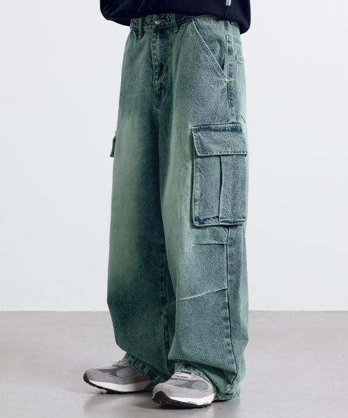 Джинсы карго с защипами washed denim - Blue