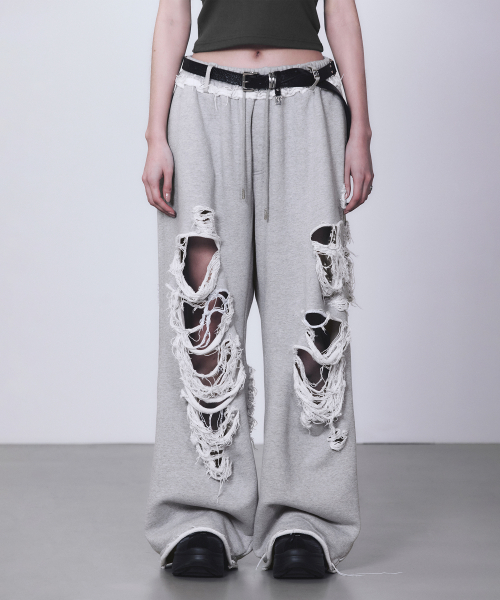 Scratch Damage Wide Sweat Pants [ Melange Gray ]