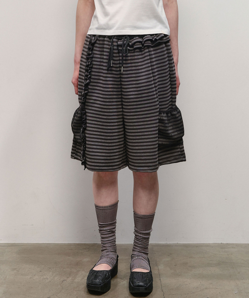 타입서비스(TYPESERVICE) Mixed Pattern Ruffled Pants [Black