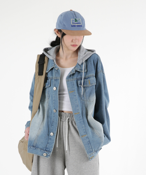 Women hood overfit washing denim jacket