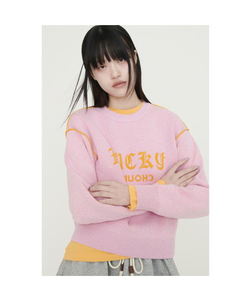 Reversible Lettering Round Neck Knit Pullover (pink) LFWAS25210PIX
