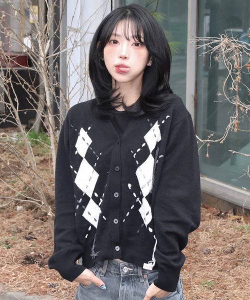 Argyle Stitch Knit Cardigan - Black