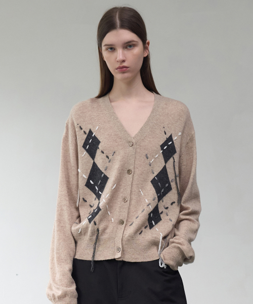 Argyle Stitch Knit Cardigan - Beige