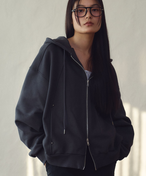 Stud Hoodie Zip-Up in Charcoal
