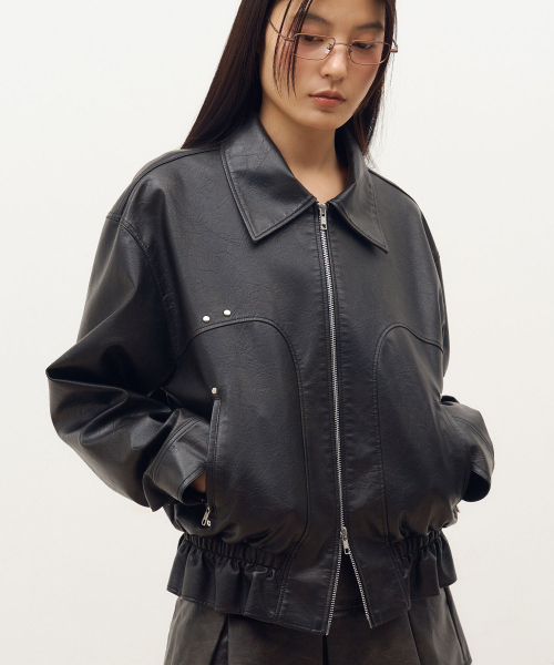 Vegan Leather Shirring Jacket in Black