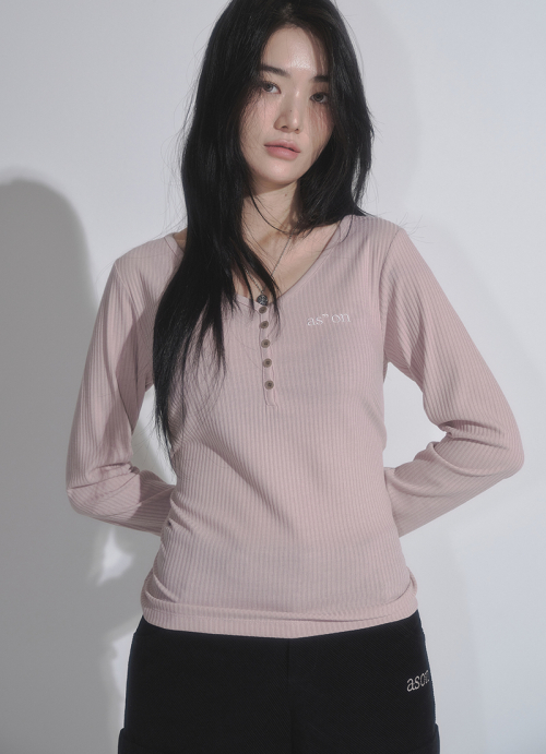 WISH RIBBED BUTTON TEE / PINK