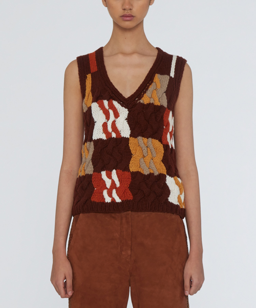 (W) кабель трикотаж жилет ром изюм CABLE KNIT VEST RUM RAISIN COMB