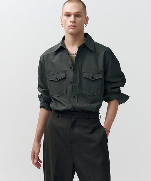 Свободная рабочая рубашка из льна и хлопка (Greyish Khaki)