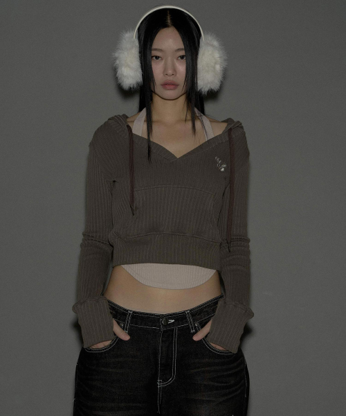 플리즈노팔로우(PLEASENOFOLLOW) Deer Ribbed Crop Hoodie Top