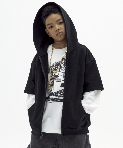 테이크이지 키즈() 자이언트핏 하프소매 후드집업 (블랙) 상품 이미지