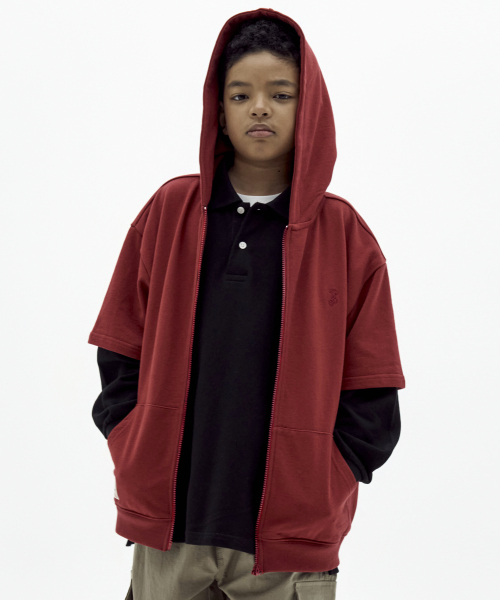 테이크이지 키즈() 자이언트핏 하프소매 후드집업 (버건디) 상품 이미지