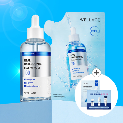 리얼 히알루로닉 블루 100앰플 100ml 본품 + 100ml 리필 + 마스크 1매 + 속건조 3종키트(토너12ml + 앰플10ml + 크림10ml)